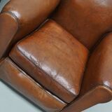 Pair of French Cognac Moustache Back Leather Club Chairs, 1940s