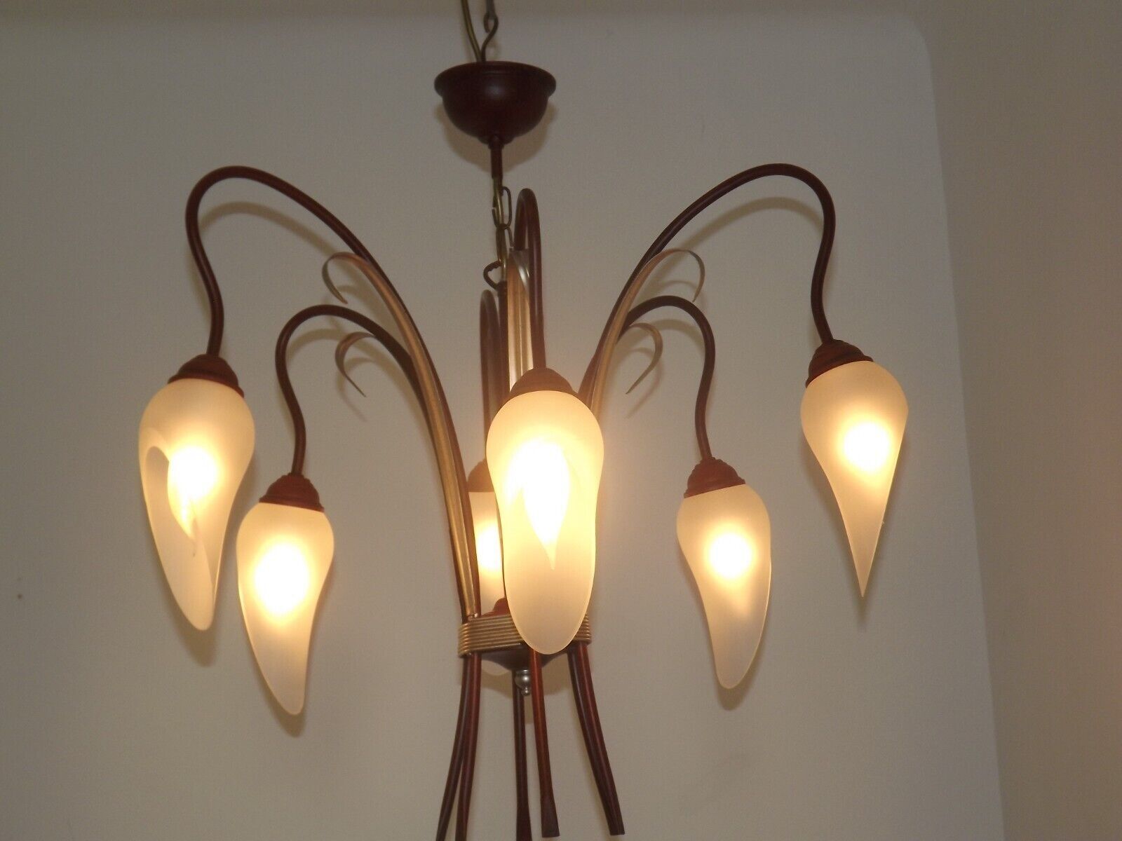 French vintage 6 arm brown & silver toleware chandelier opaque glass shades 3861