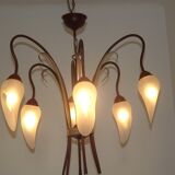 French vintage 6 arm brown & silver toleware chandelier opaque glass shades 3861