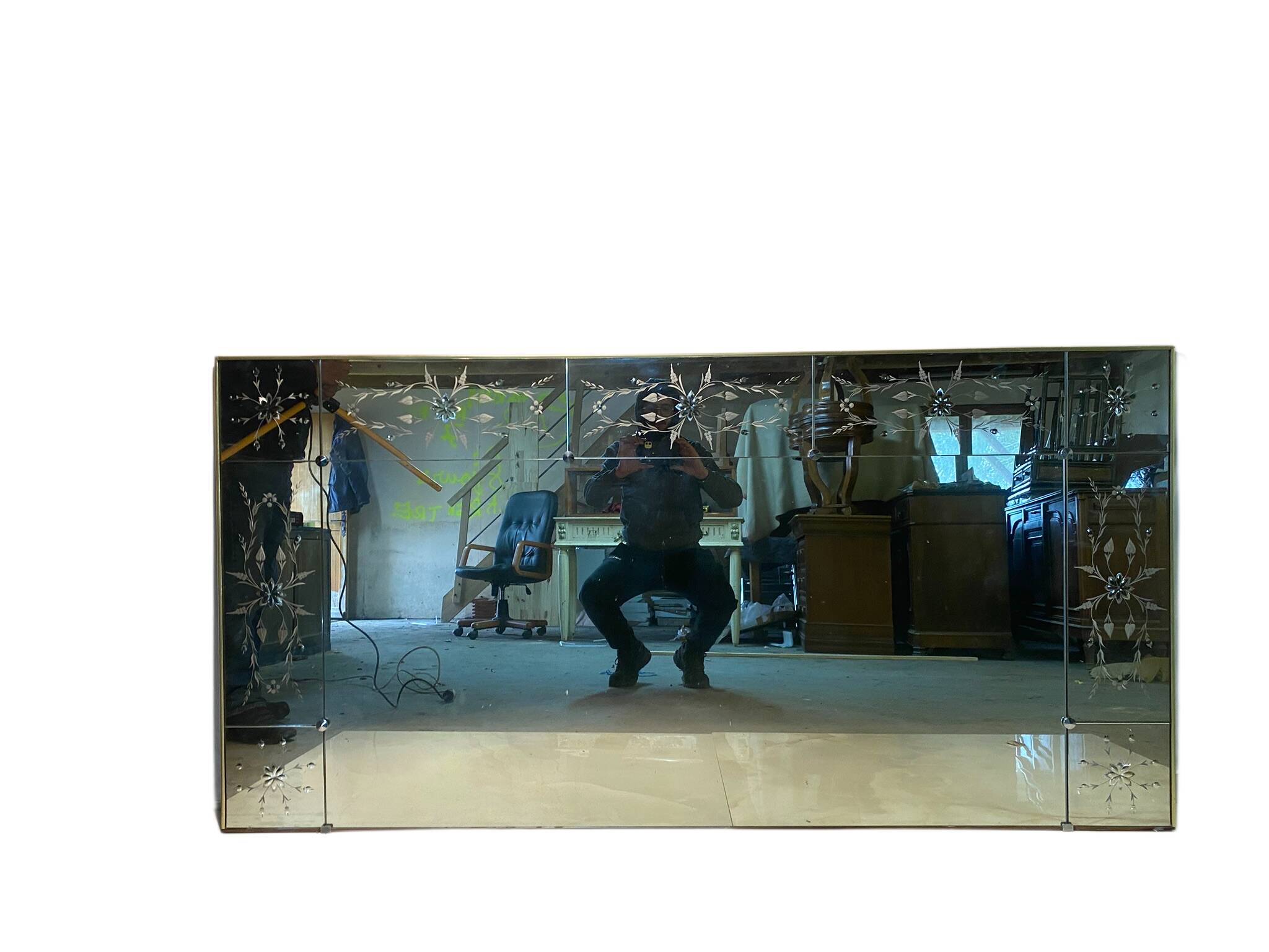 Large engraved bistro wall mirror with floral motifs - Art Deco style