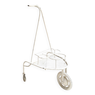Desserte / Bar roulant en métal perforé laqué blanc dans le goût de Matégot Vintage des années 50