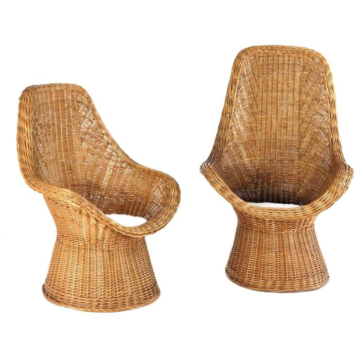 Set of 2 vintage rattan wicker armchairs with white teddy fabric