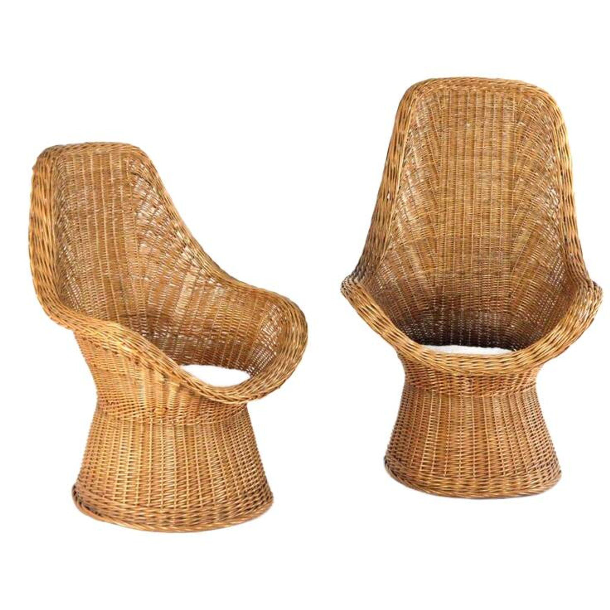 Set of 2 vintage rattan wicker armchairs with white teddy fabric