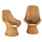 Set of 2 vintage rattan wicker armchairs with white teddy fabric