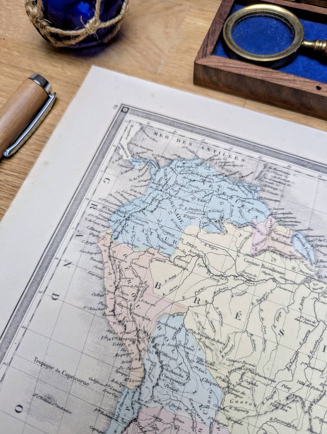 South America, antique map, printed in 1852. Authentic.