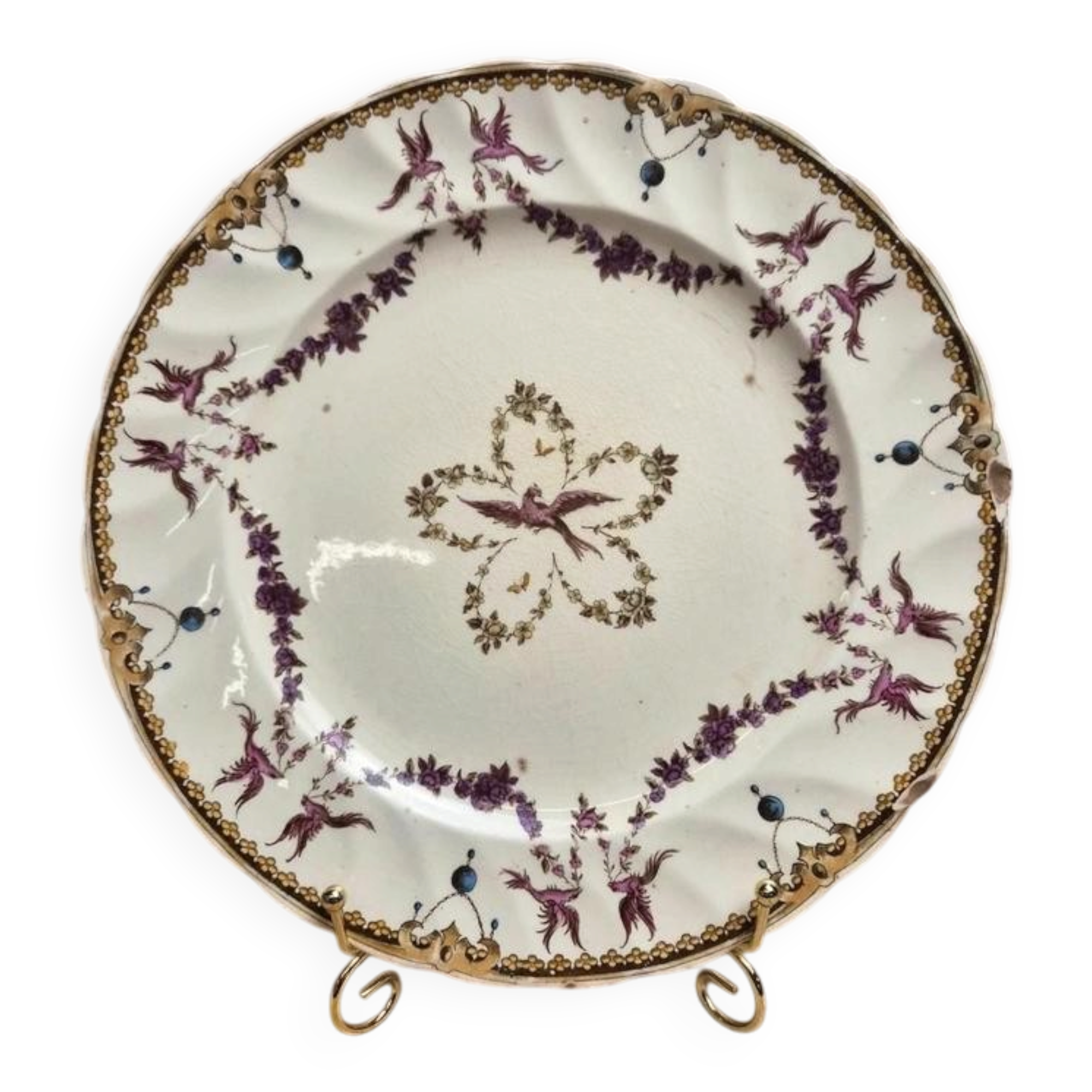 Antique English plate Clarendon P.b.&s – decoration of mauve birds & flowers – Oriental Ivory