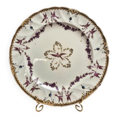 Assiette anglaise ancienne Clarendon P.b.&s – décor oiseaux mauves & fleurs – Oriental Ivory