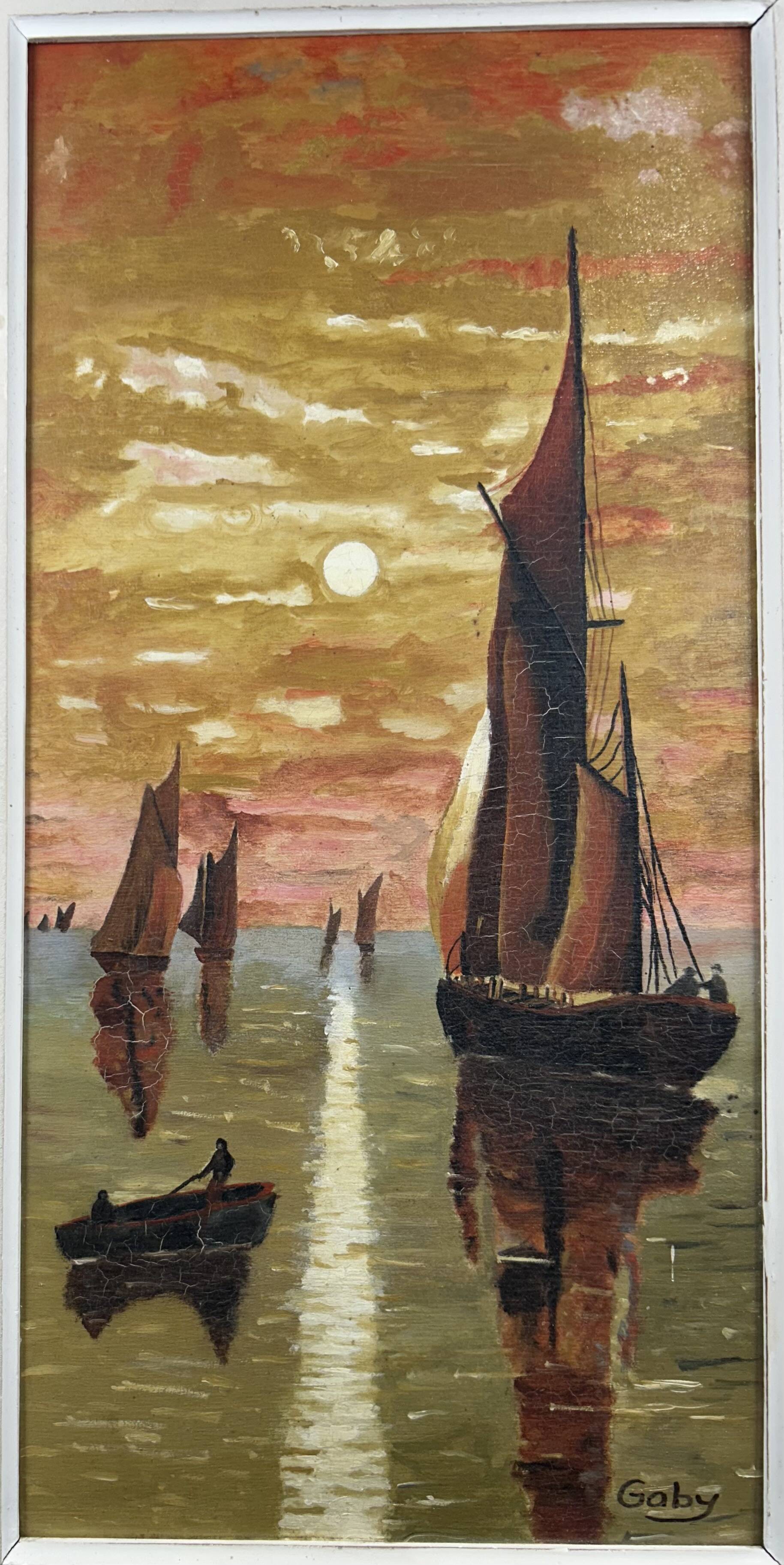 huile sur panneau, Marine animée sous soleil couchant, Signé Gaby
