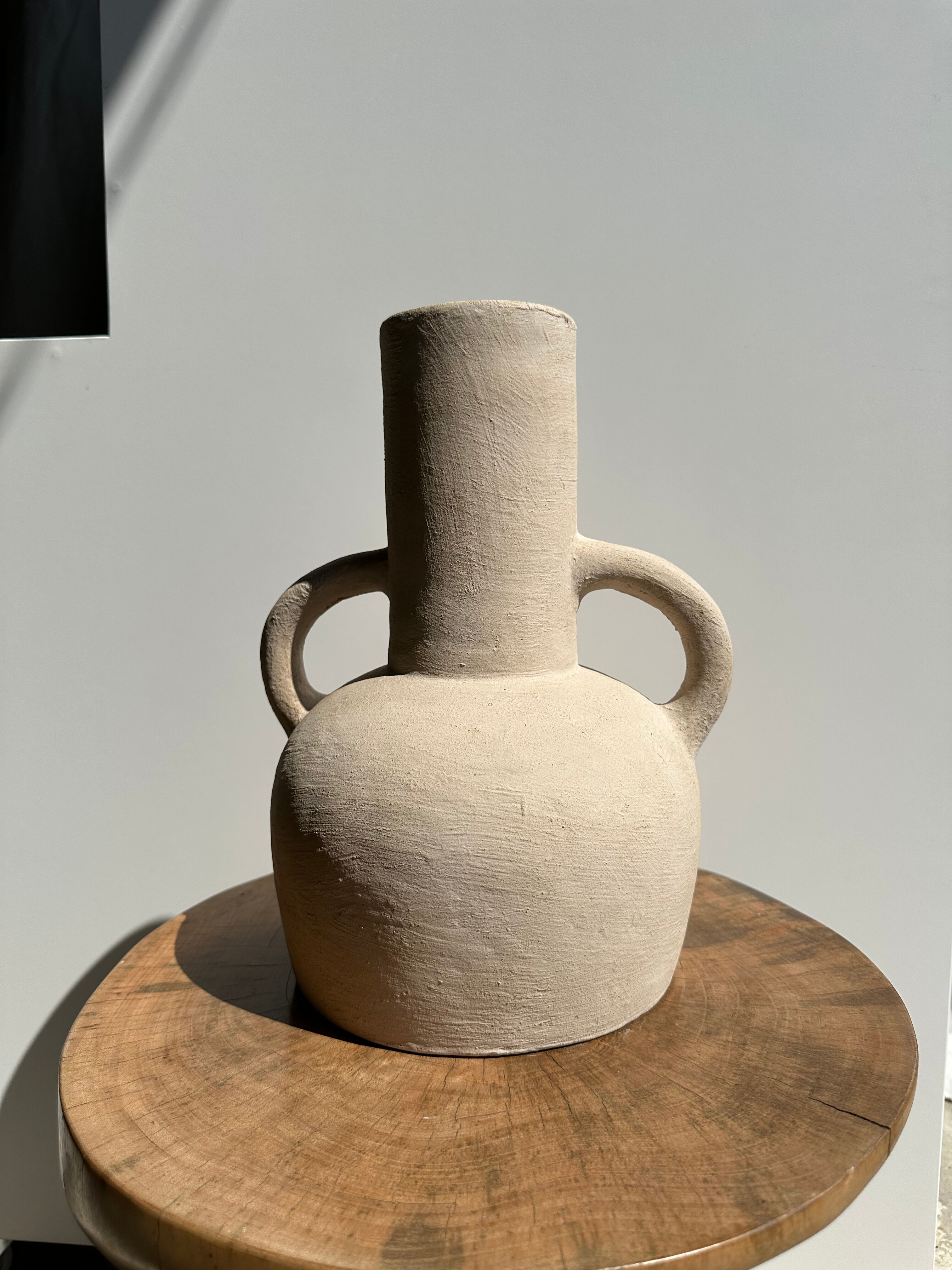 Handmade terracotta vase painted in beige with double handles h:32 d:25