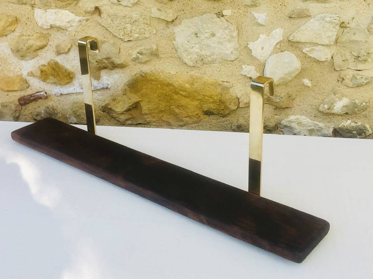 Vintage brass and wood hanging wall shelf