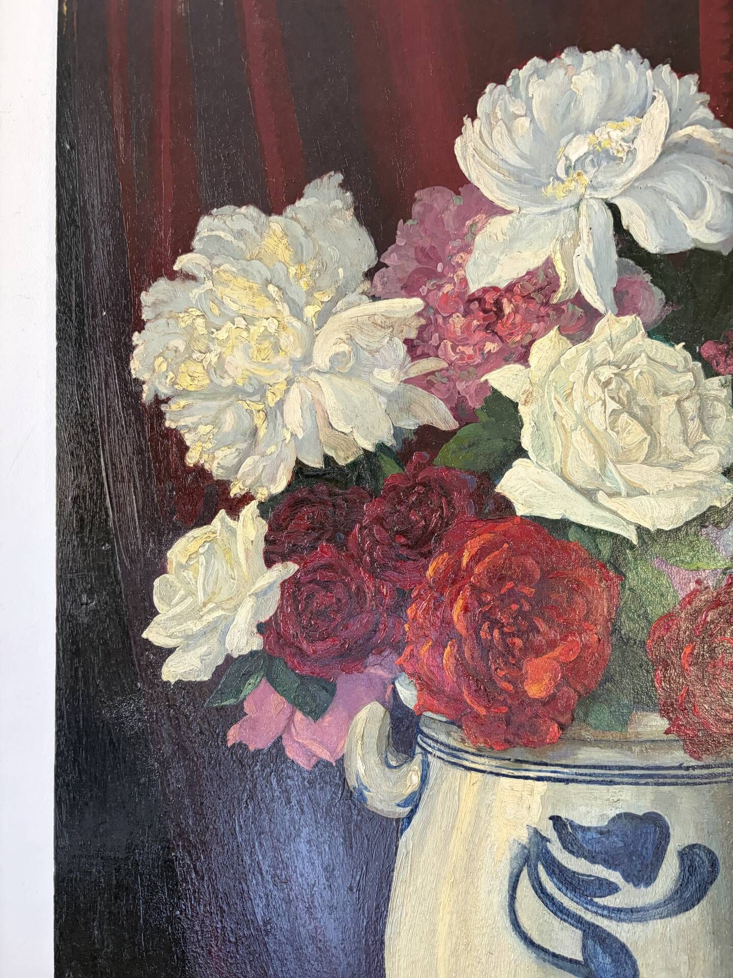 Bouquet of roses, burgundy background, oil on panel 1951