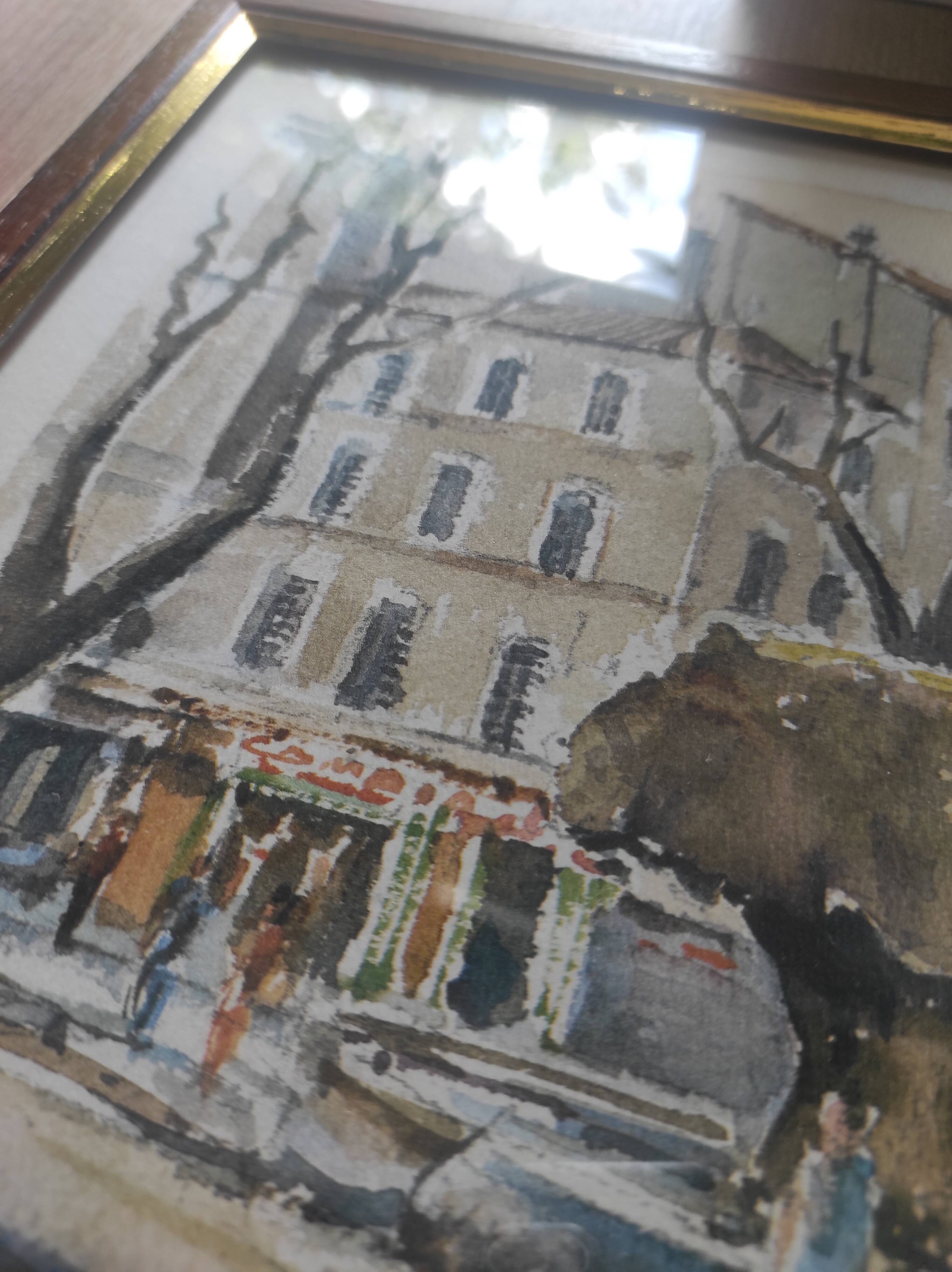 Framed watercolor "Salon de Provence-la Fontaine Moussue" by Louis Lasbouygues