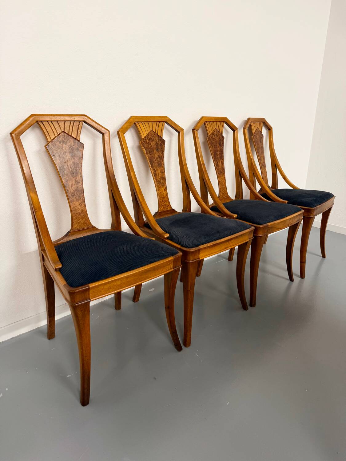 4 walnut burl wood chairs from the 1920s Art Nouveau period.