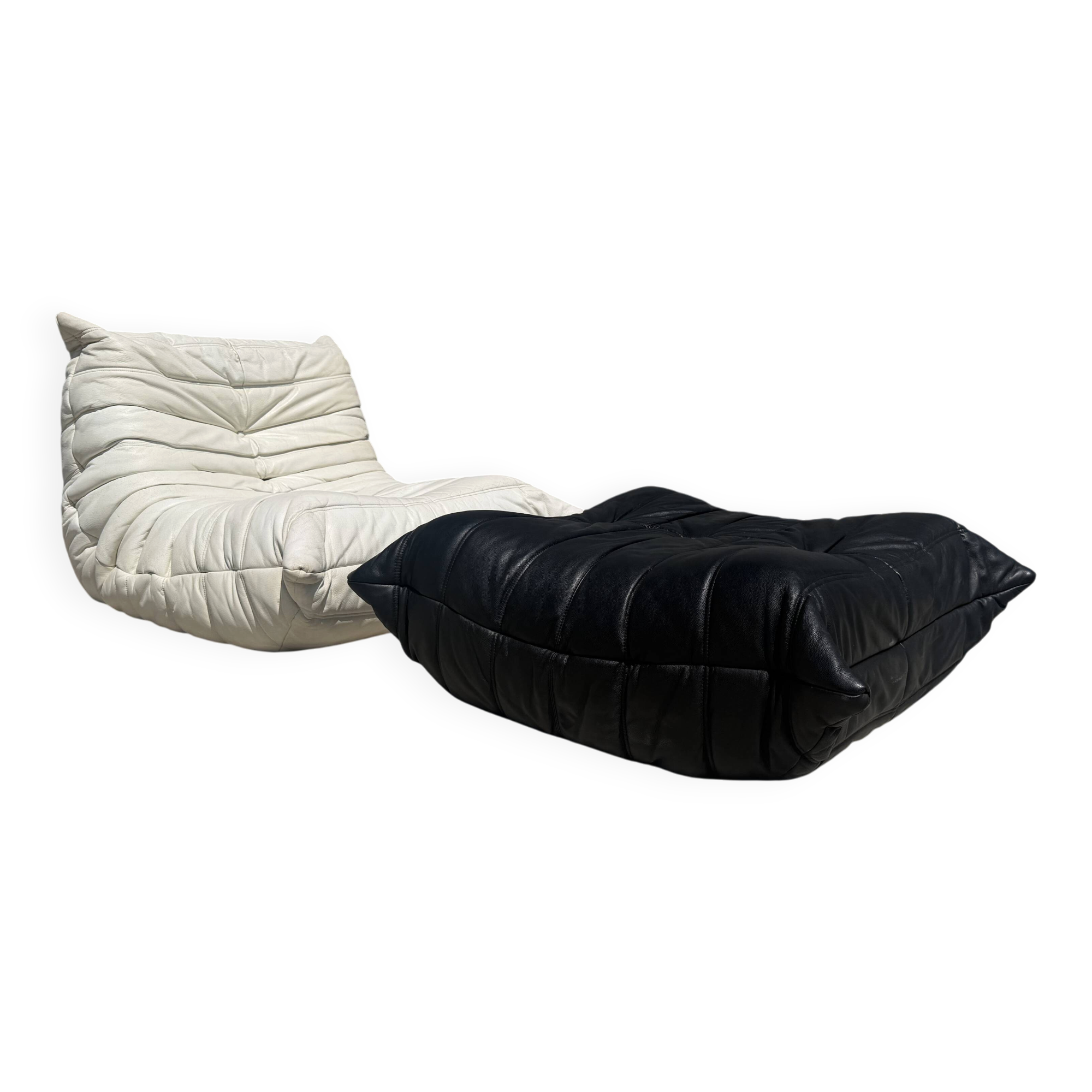 100% authentic Ligne Roset Togo 1-seater + pouf original leather Black & White