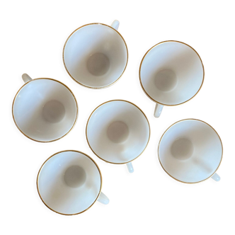 Lot de 6 tasses Arcopal en verre opalin blanc et doré