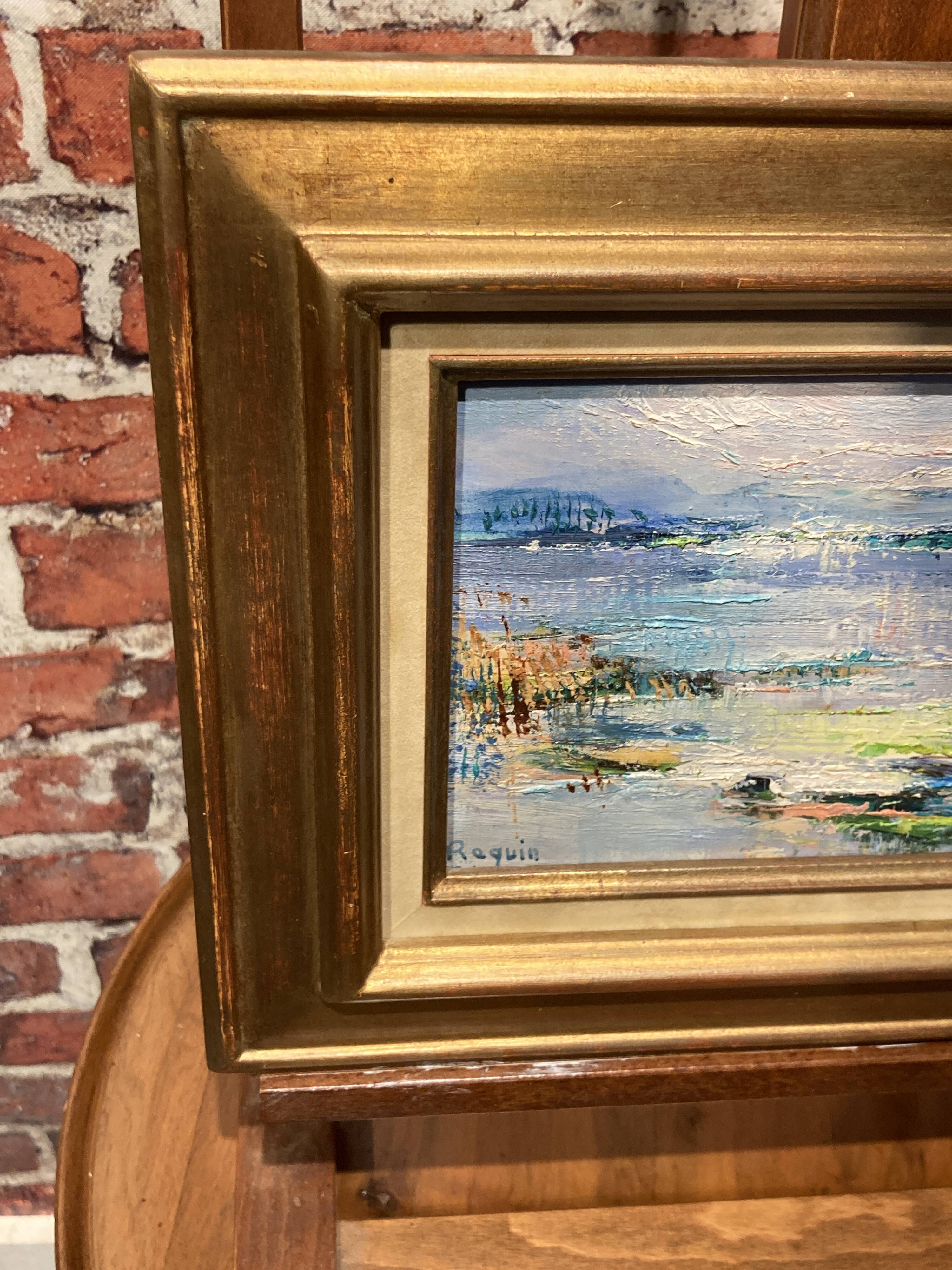 Oil on canvas framed by an abstract landscape