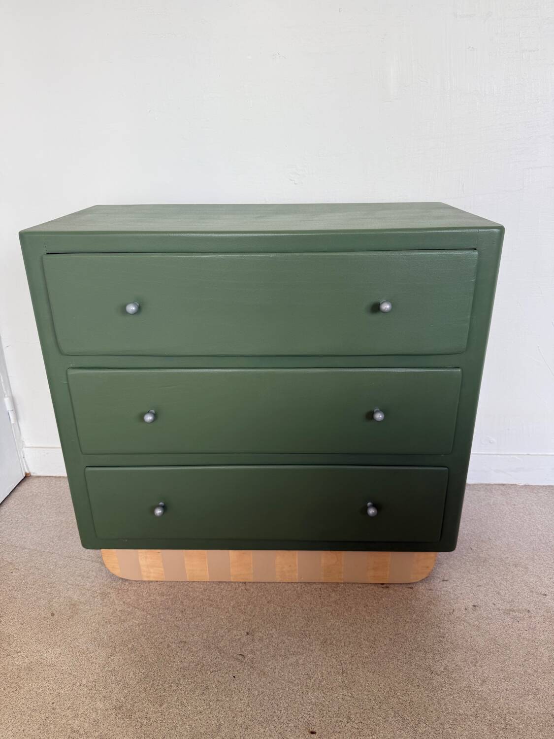 Vintage olive green chest of drawers with striped base