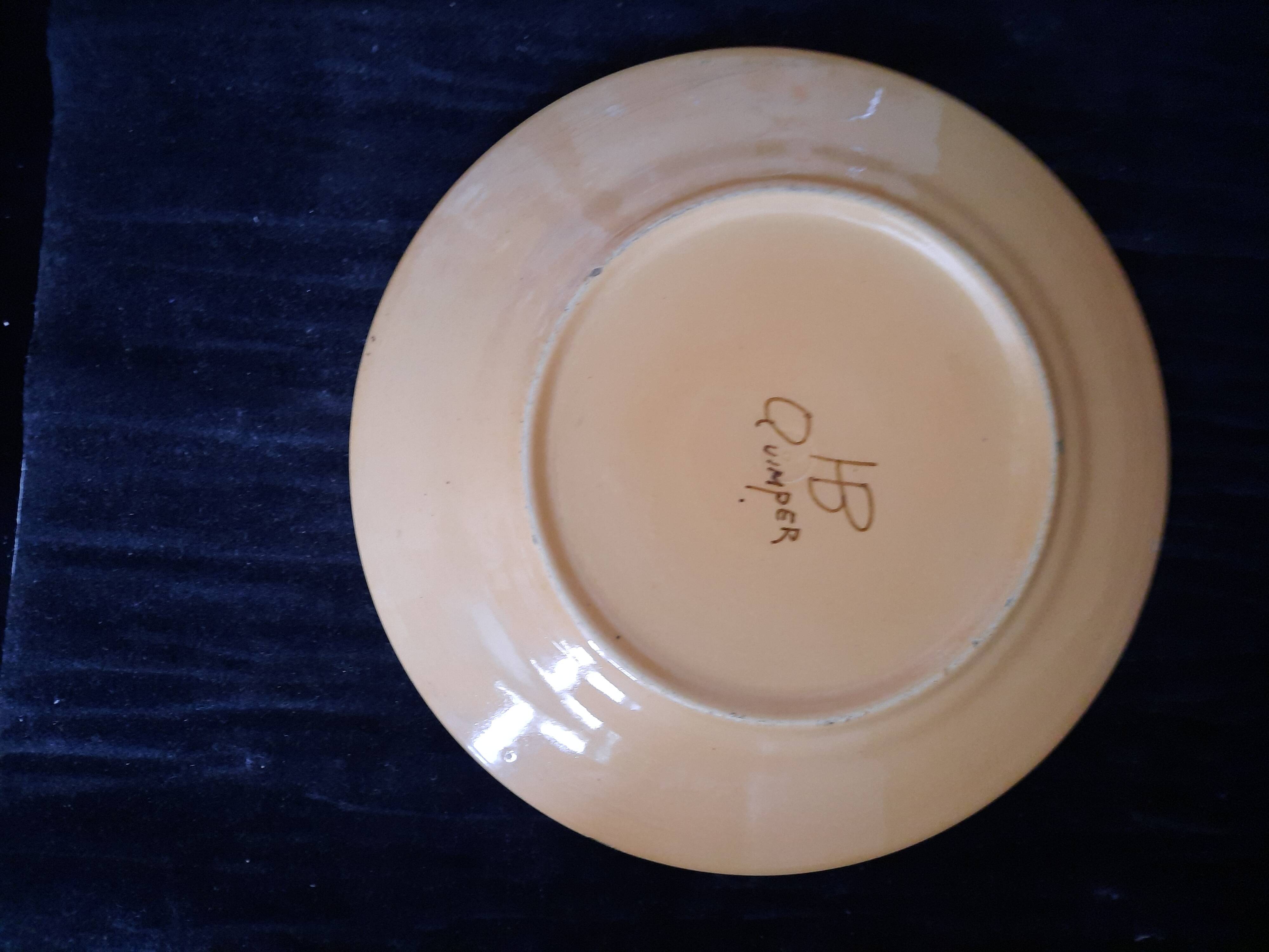Old HB Quimper Plate Ceramic Geometric Floral Design Brown Yellow