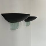 Pair of vintage post-modernist wall lights, black metal and glass, France 1980