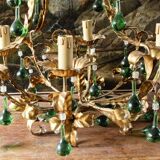 Lustre italien en tôle doré et pampilles en verre