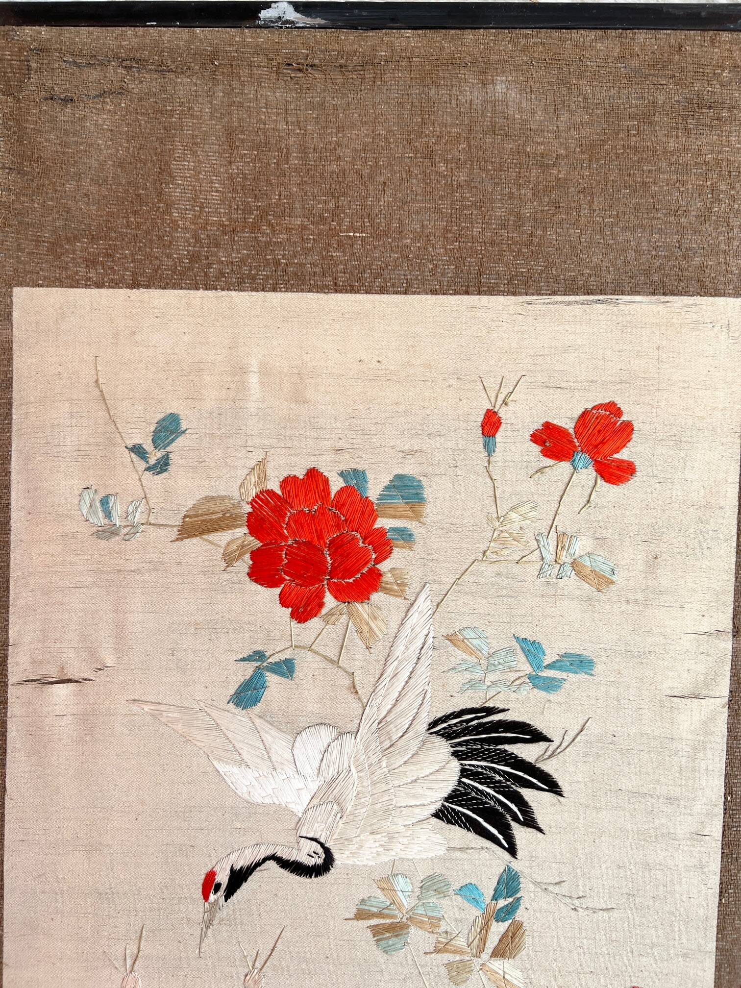4-panel Japanese screen, 19th century, bird silk embroidery