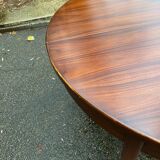 Scandinavian dining table and 4 Hans Olsen style chairs in teak and velvet.