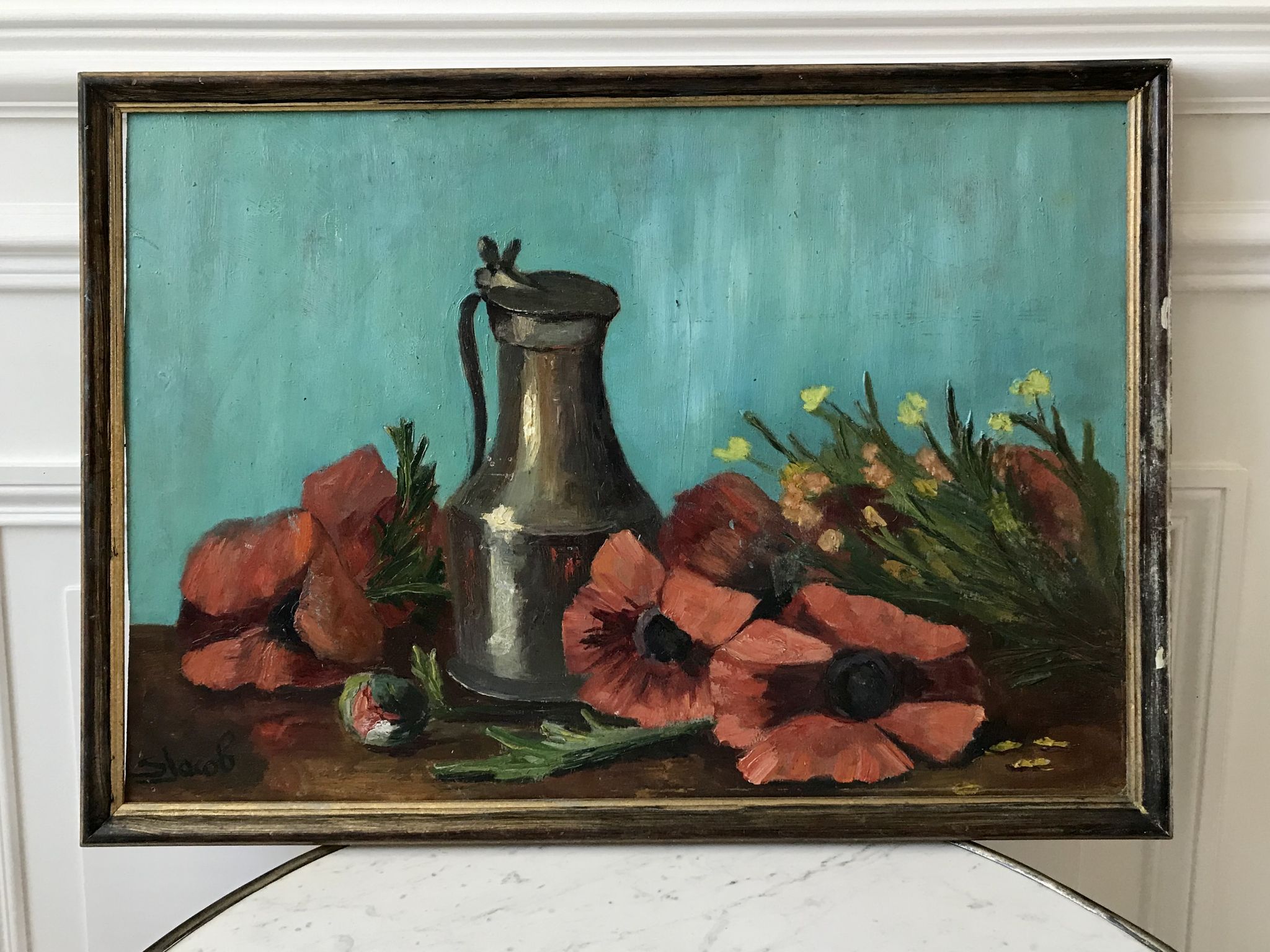 Old painting signed still life pitcher and poppies on vintage azure background