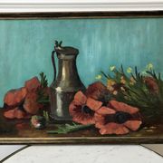 Old painting signed still life pitcher and poppies on vintage azure background