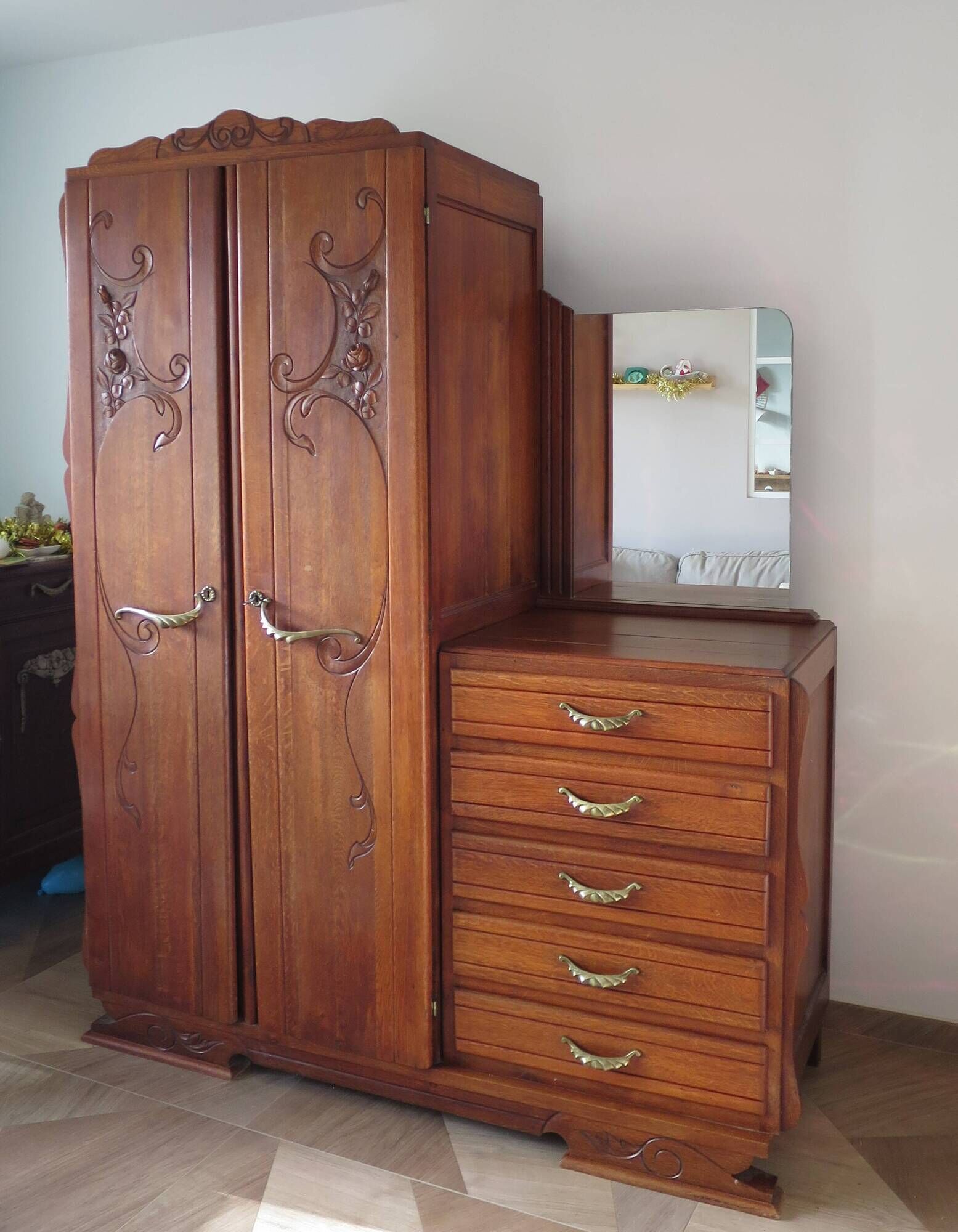 English asymmetrical chest of drawers - Art Deco - Mirror - 2 doors - 5 drawers - Mesh blond oak