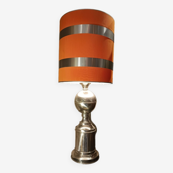 Lampe métal chromé 1970, abat-jour orange vintage