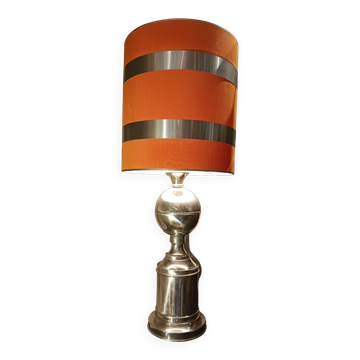 Lampe métal chromé 1970, abat-jour orange vintage