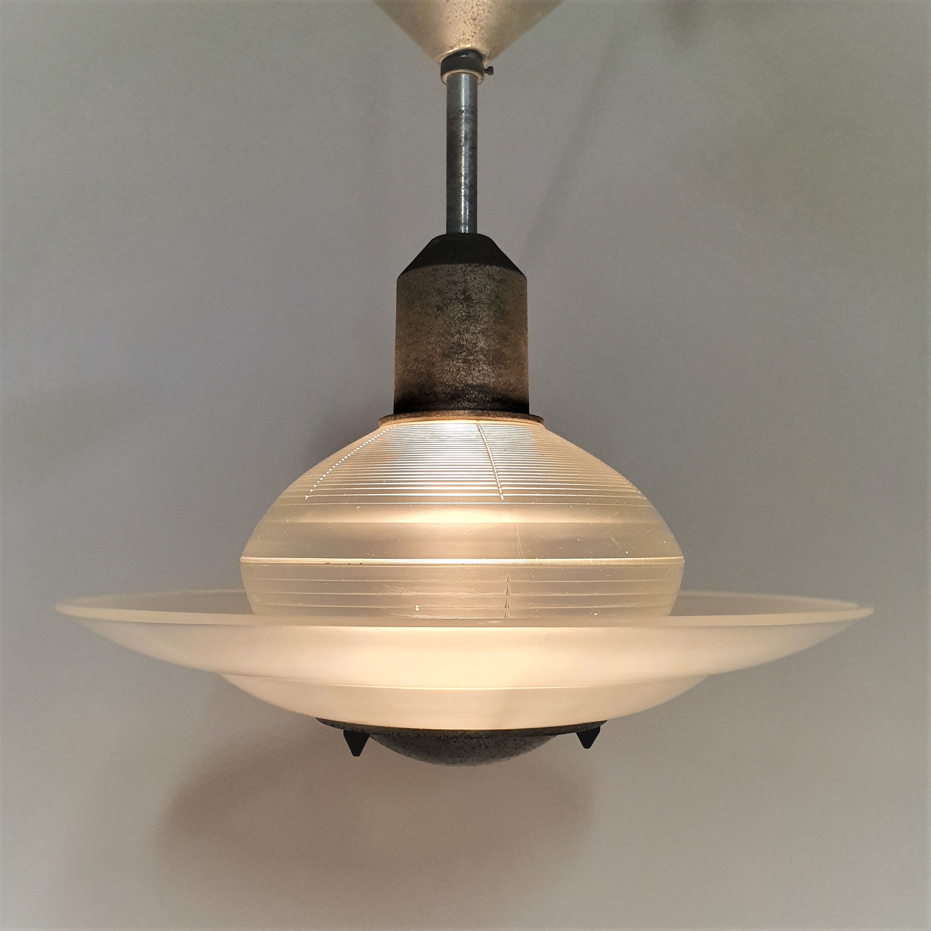 Art deco glass and steel ceiling lamp, 1920