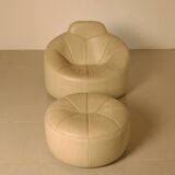 "Pumpkin" armchair set and its cream leather ottoman by Pierre Paulin