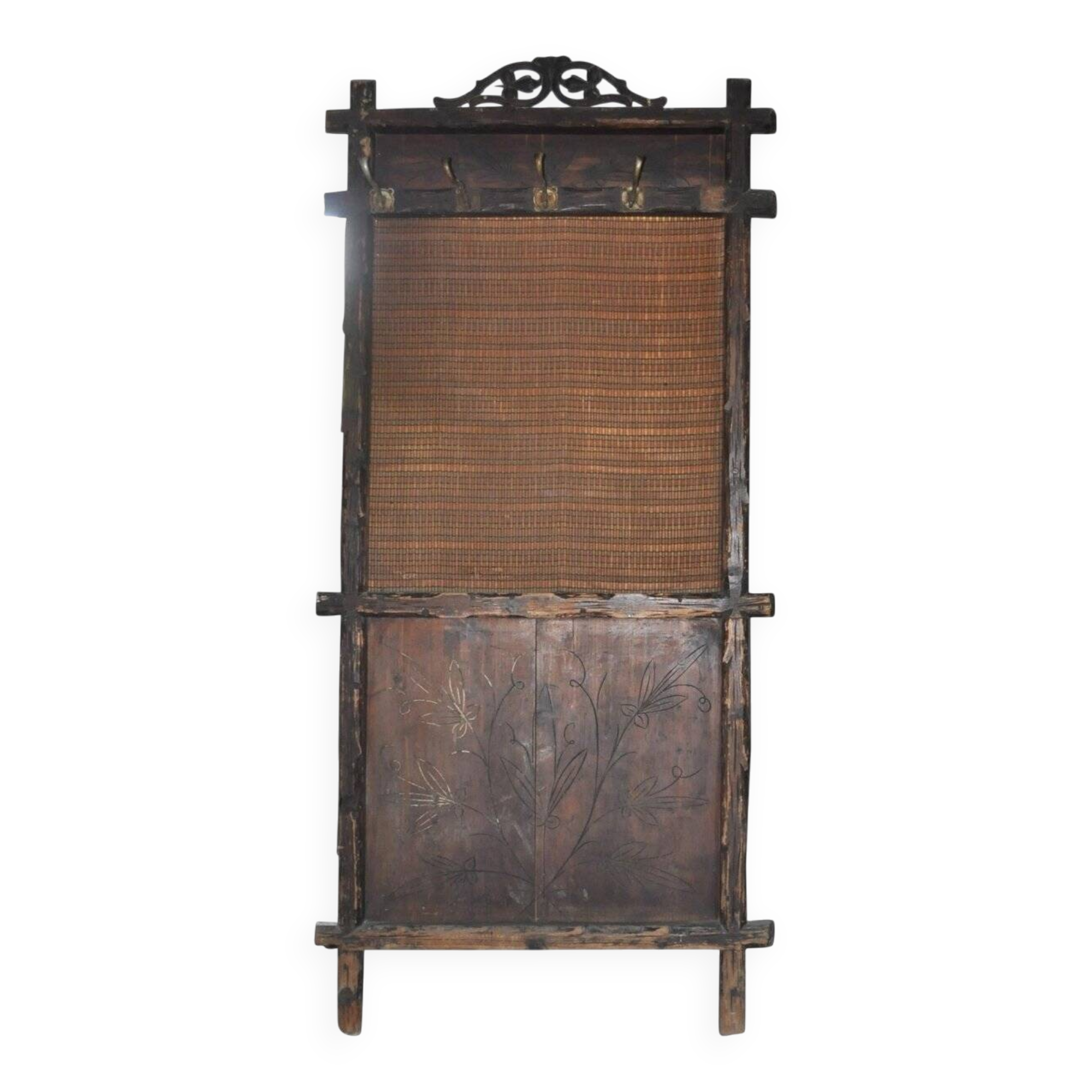 Large wall-mounted coat rack in solid brown pine, antique style circa 1900, height 210 cm.