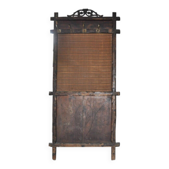 Large wall-mounted coat rack in solid brown pine, antique style circa 1900, height 210 cm.