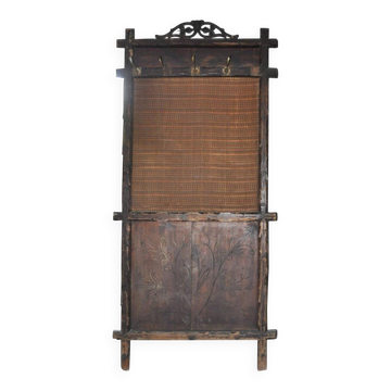 Large wall-mounted coat rack in solid brown pine, antique style circa 1900, height 210 cm.