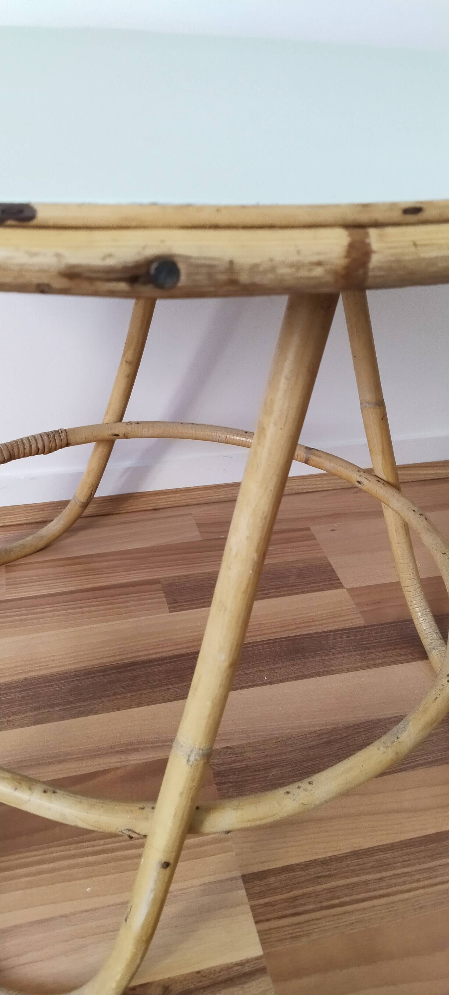 Vintage round rattan table, desk, tripod legs