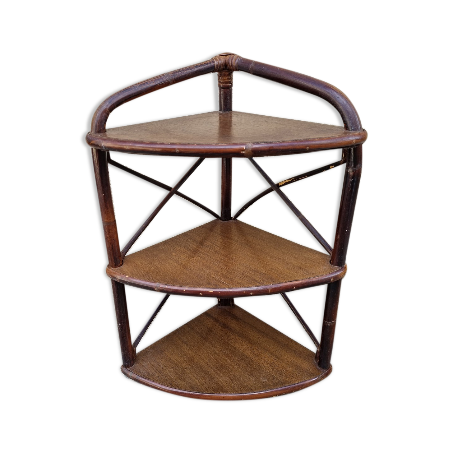 Corner wall shelf, bamboo, rattan and wood, vintage, 60s