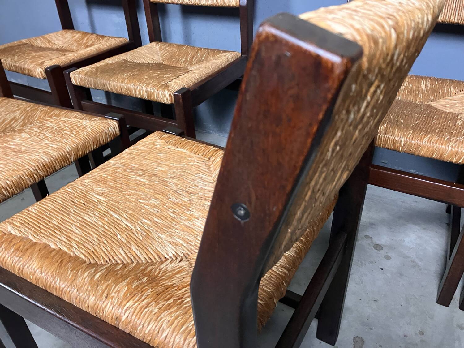 6 wooden vintage chairs dark wood rush