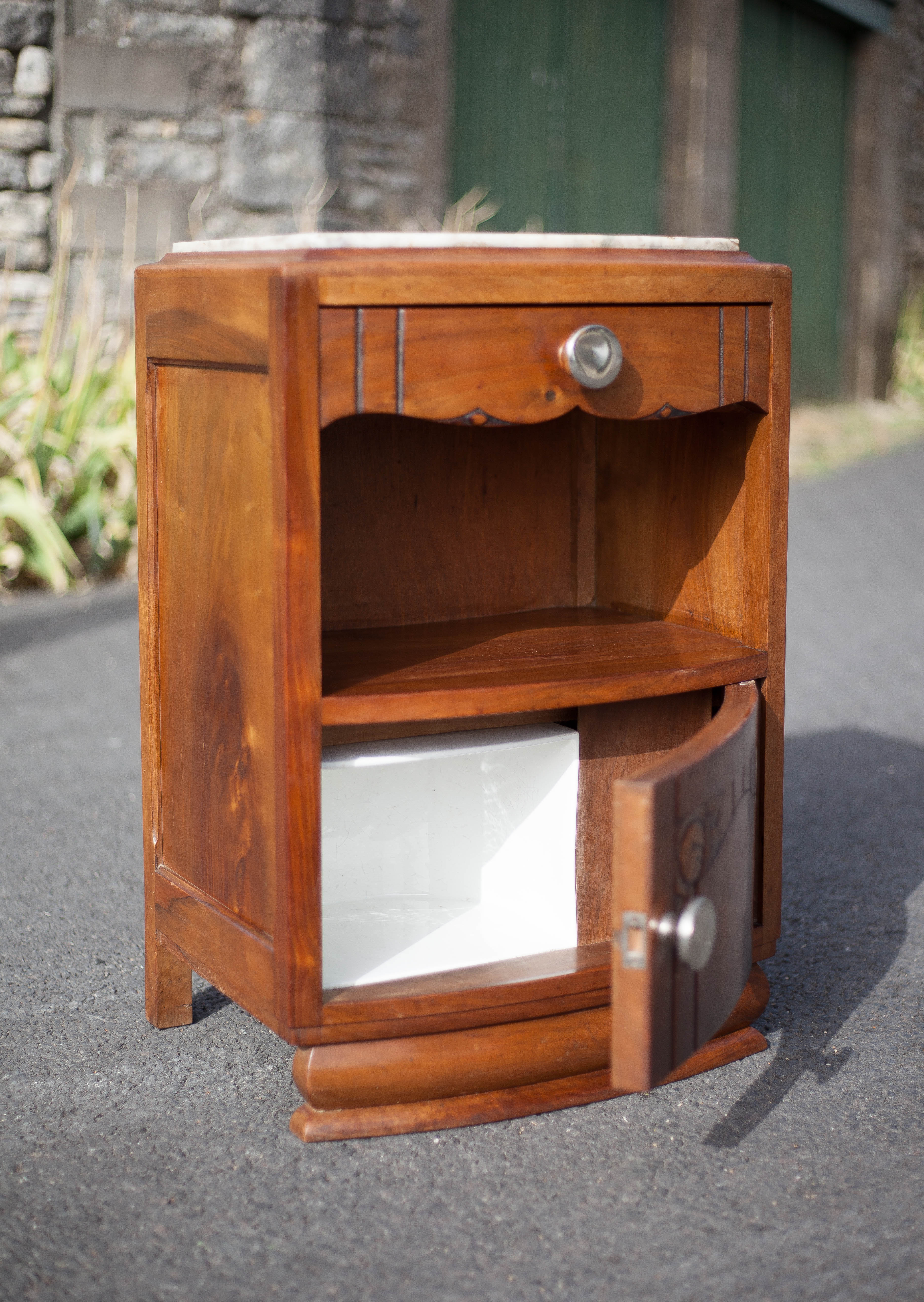 Bedside table, wooden nightstand with marble plate, art deco furniture, vintage furniture