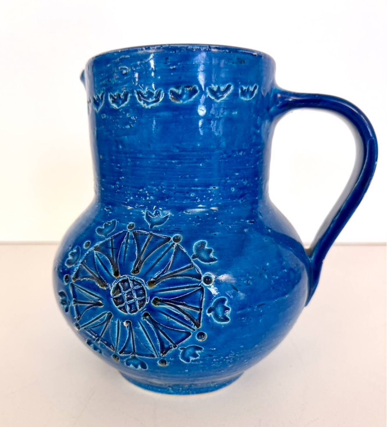 Handmade Rimini Blue Lacquered Ceramic Jug by Aldo Londi for Bitossi, Italy