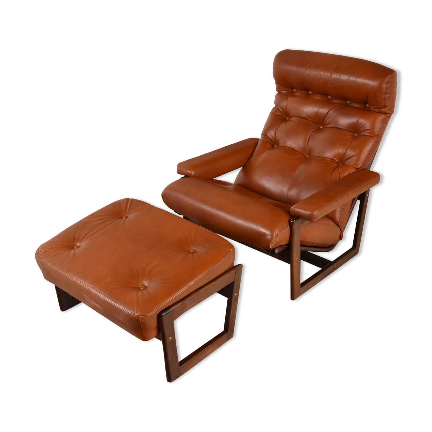 Vintage leather armchair with hocker, 1970s