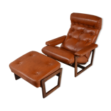Vintage leather armchair with hocker, 1970s