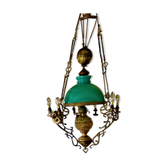 Lustre globe opaline vert  bronze et laiton