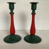 Pair of cast iron and wood candle holders