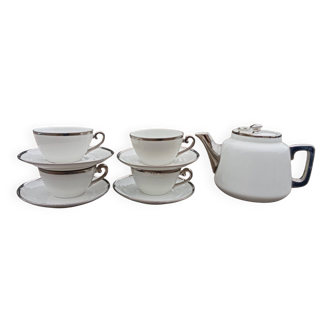 Teapot and its 4 porcelain cups Aluminite R.Frugier