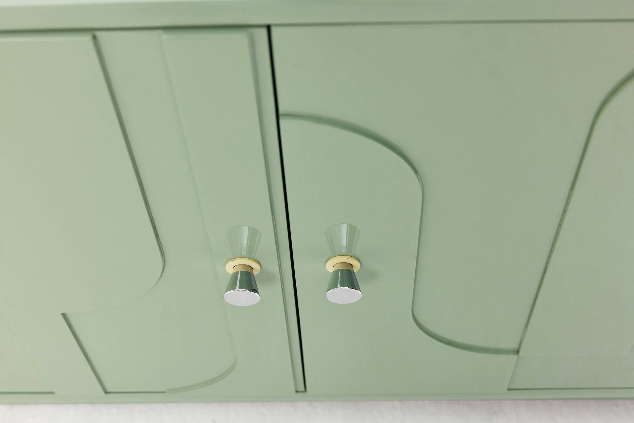 1970s Vintage Sideboard, Pastel Green, Relief, High-Gloss Finish, Chrome