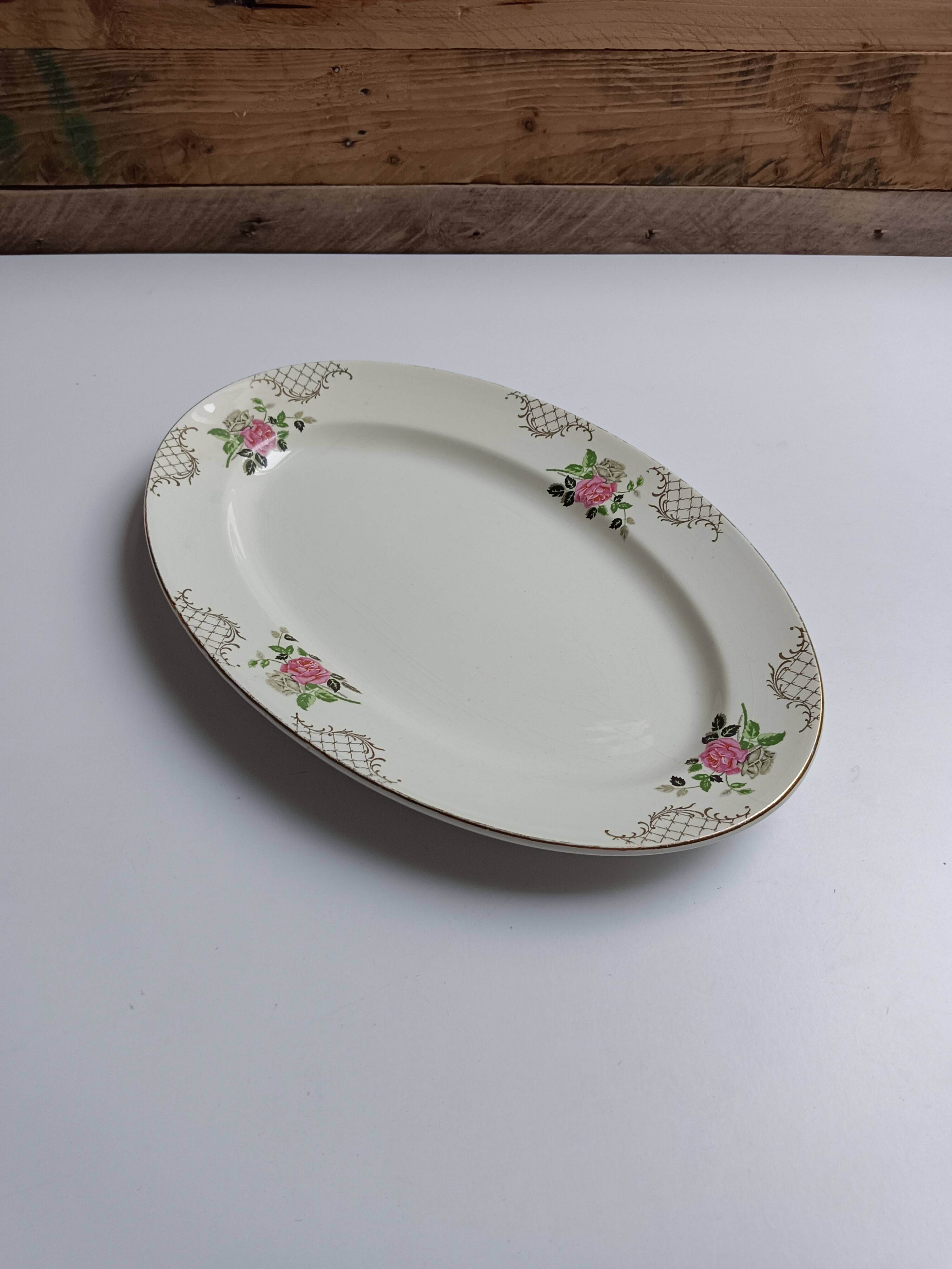 Oval plate Sarreguemines cream with pink gilding, antique.