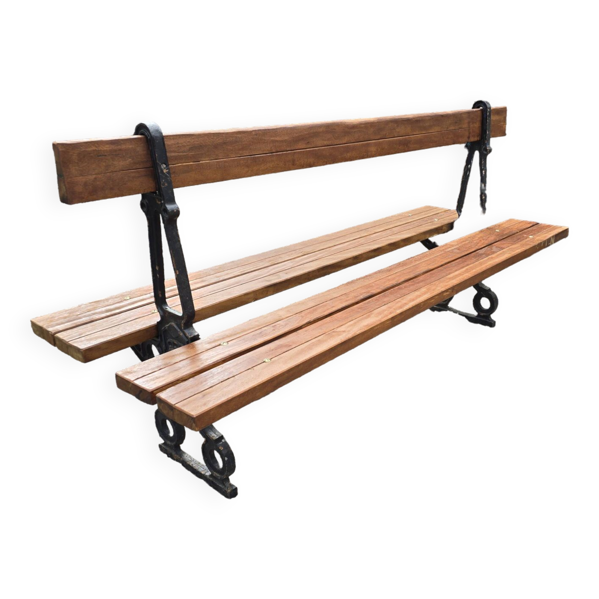 Antique double garden bench from the city of Paris in cast iron and wood
