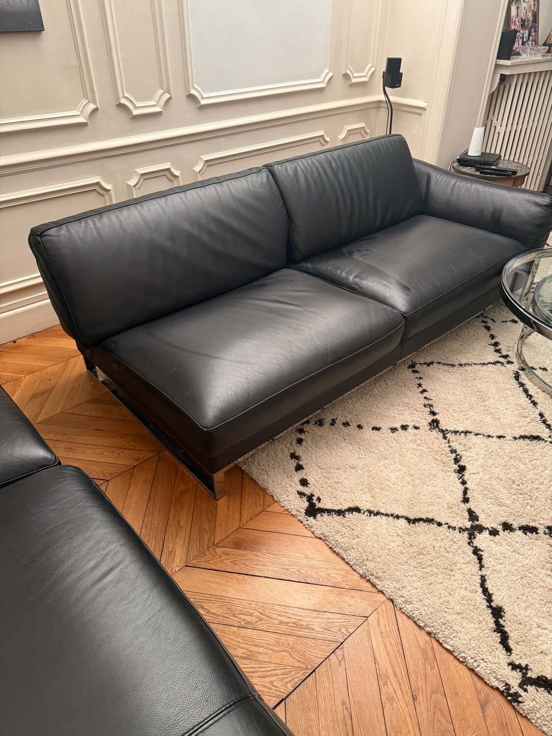 Canapé, cuir noir, Roche Bobois avec méridienne, canapé d’angle